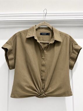 Lauren Ralph Lauren Khaki Twist Front Short Sleeve Blouse Size 6